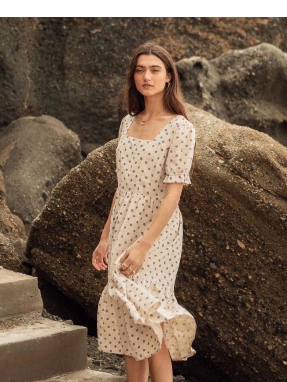 Böhme Cream Blue Dot Cotton Lined Midi Dress Smocked Size XS Puff Sleeve